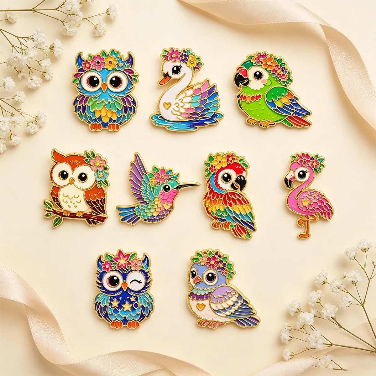 9-teiliges Set Bunte Blumen-Vogel-Eulen-Emaille-Pins Niedliche Papageien-Flamingo-Metall-Anstecknadeln Schmuck Kleidung Rucksack Accessoires Geschenke – Detail 6