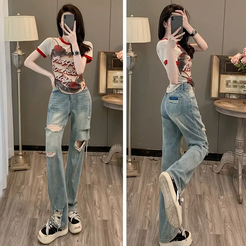 Ripped Jeans Fall High Waist Straight Women New Blue Denim Trousers Fashion Streetwear Wide Leg Baggy Pants Casual Retro America