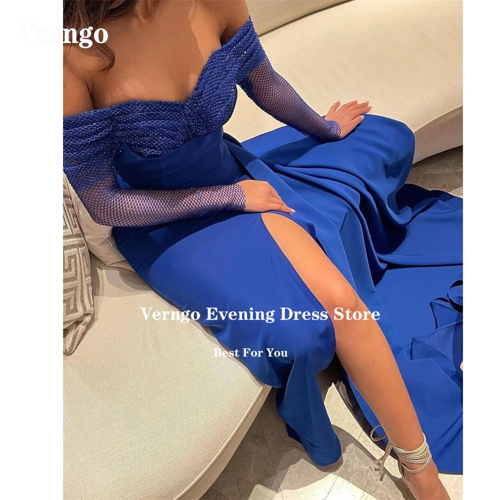 

Verngo Mermaid Royal Blue Mermaid Prom Party Dresses Off Shoulder Long Sleeves Split Arabic Women Simple Evening Gowns Event