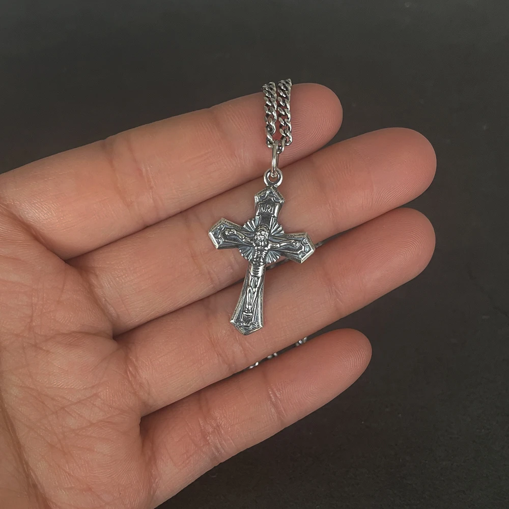 Genuine Sterling Silver 925 Christian Cross Necklace Men and Women Vintage Antique Prayer Religious Pendant Jewelry