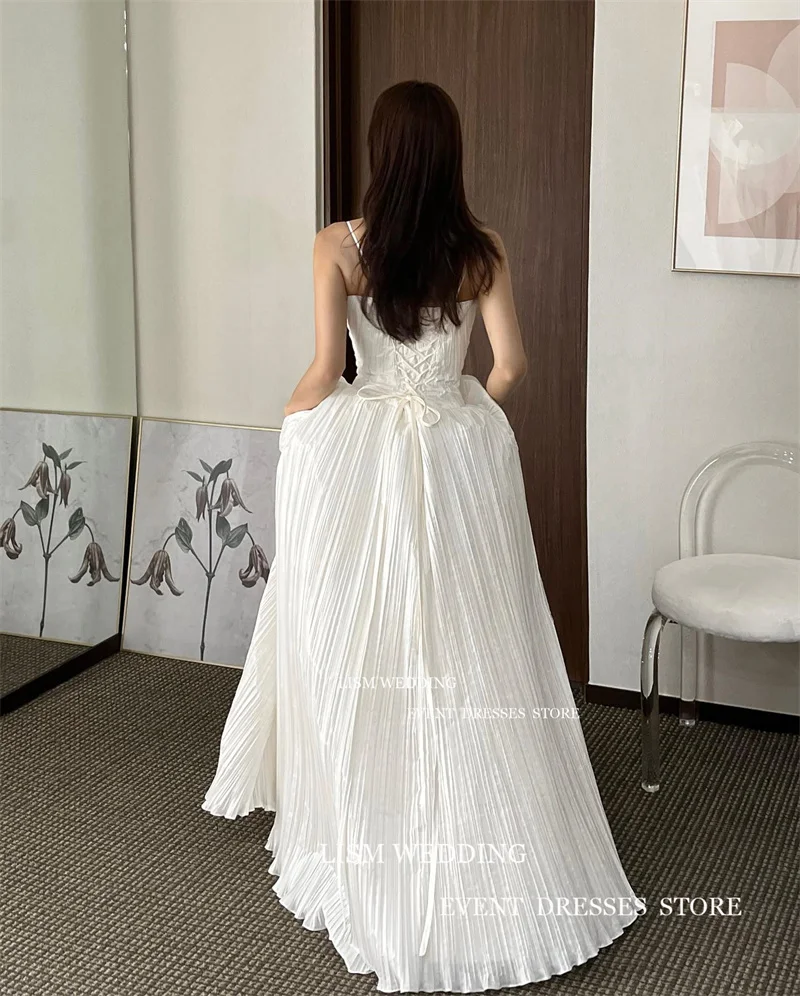 LISM gaun pernikahan Crimping sifon sederhana gaun pengantin tali Spaghetti Korea panjang lantai foto gaun pesta Formal