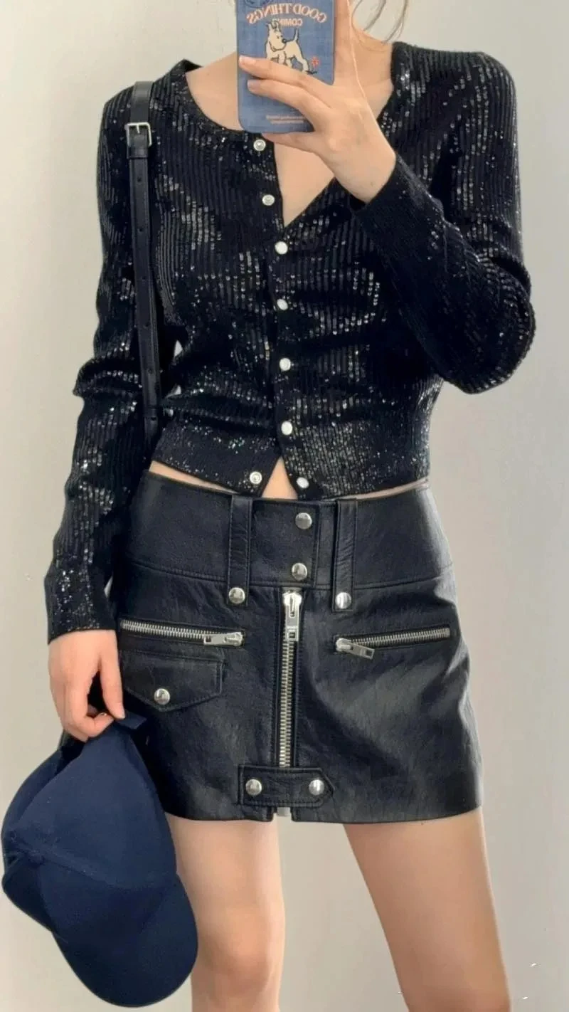 Street style women's leather skirt, fashionable and trendy, western-style zipper button decoration, small sheepskin mini skirt