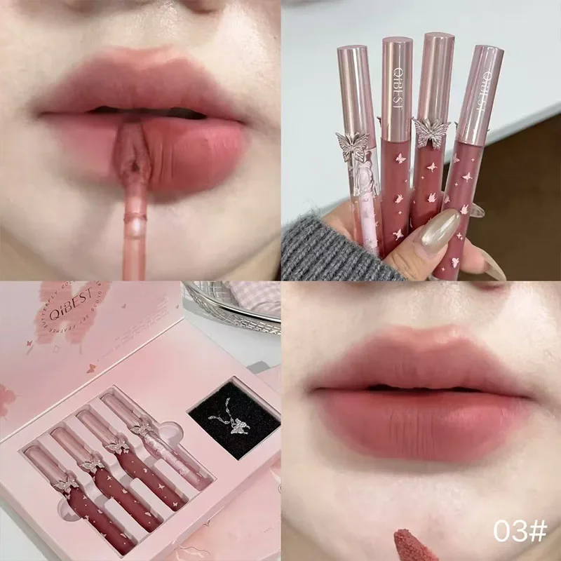 QIBEST Nieuwe 4 stuks Zachte Lipkleuren Make-up Kits Omvatten 3 * Matte Vloeibare Lipstick En 1 * Lippenbalsem Olie Cosmetische Sets Met Ketting Cadeau
