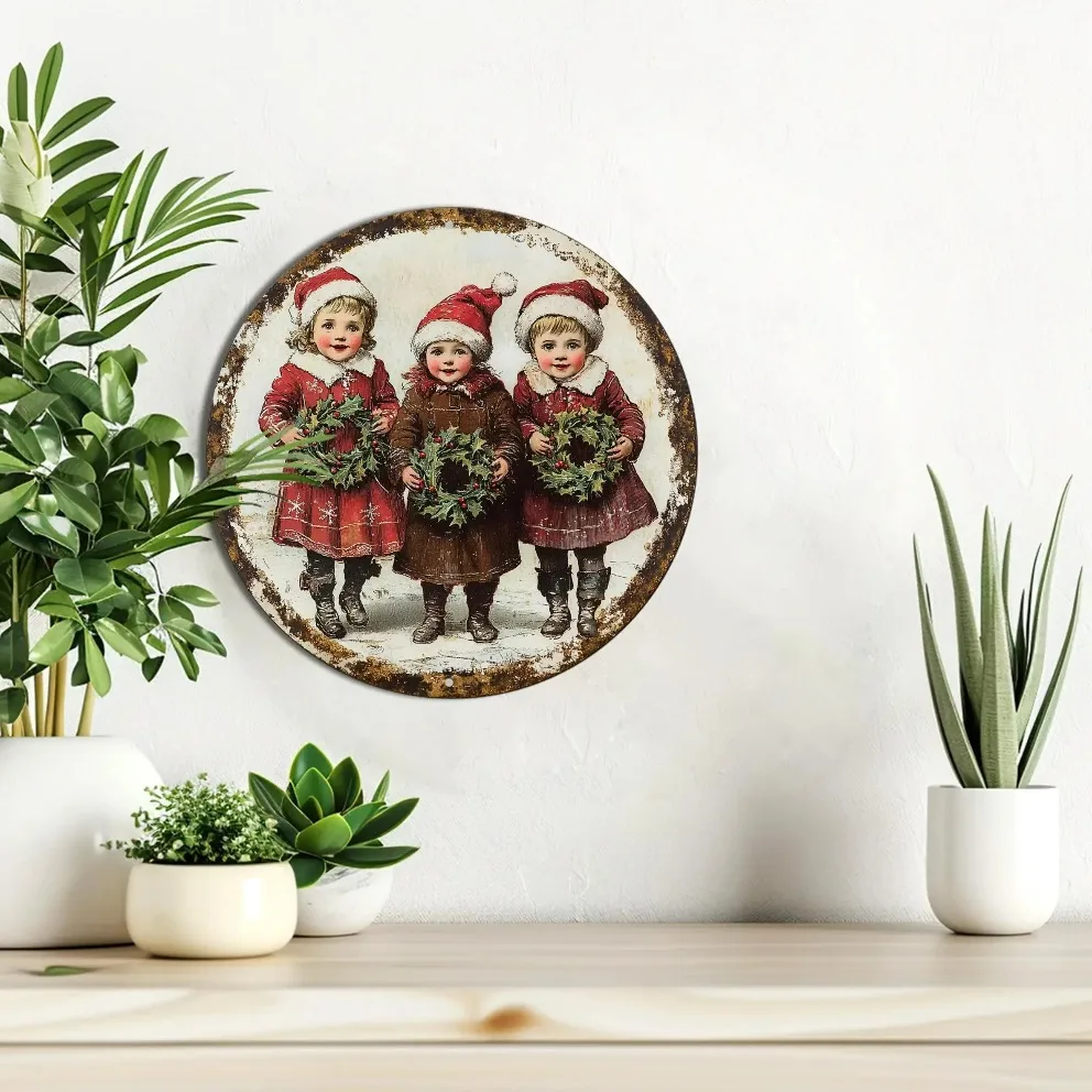 งานศิลปะติดผนังโลหะวินเทจคริสต์มาส ยังส์เตอร์ส&ฮอลลี่ -ป้ายอะลูมิเนียมทรงกลมขนาด 8x8 นิ้ว ของตกแต่งวันหยุดสุดคลาสสิกสำหรับบ้าน