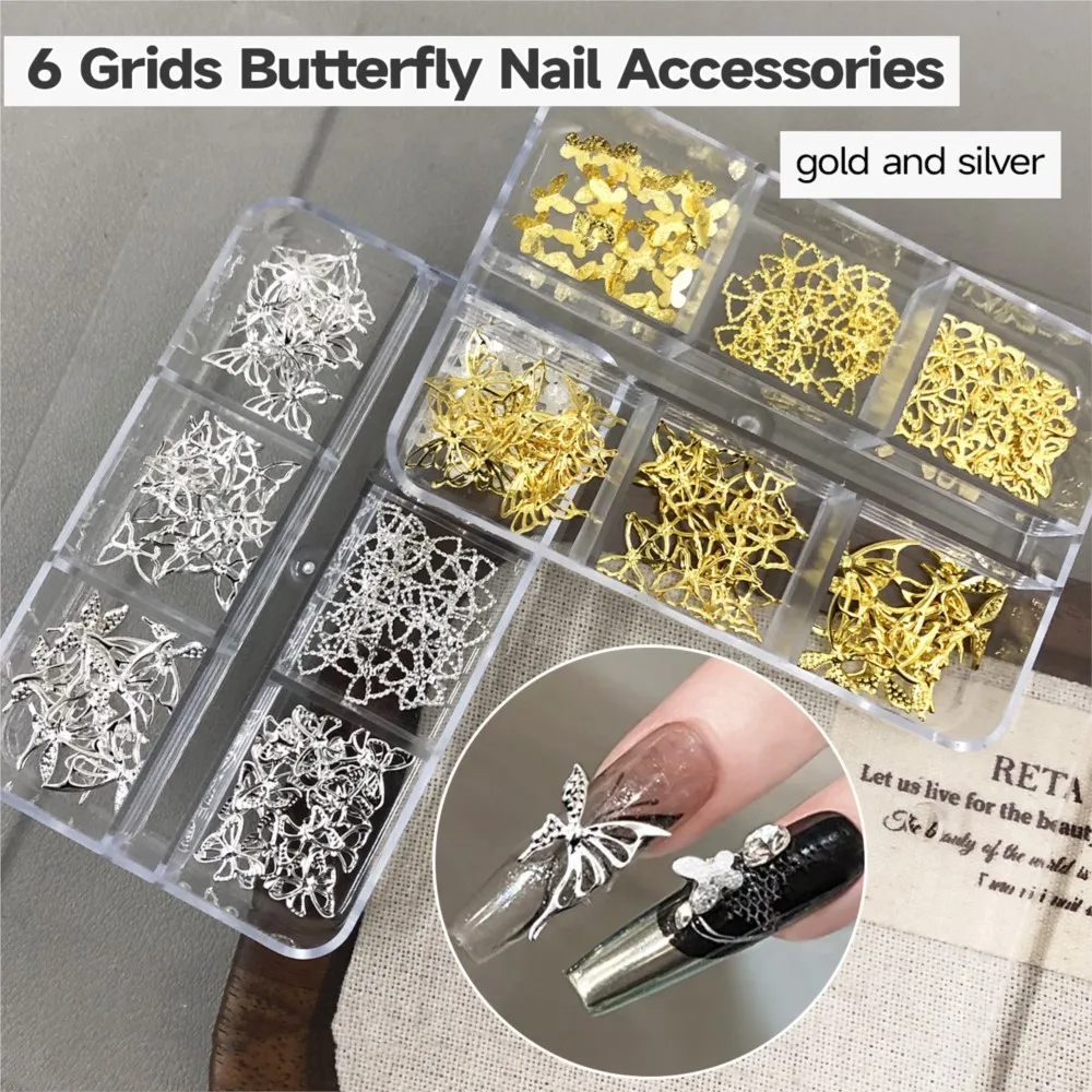 อุปกรณ์ตกแต่งเล็บรูปผีเสื้อโลหะ 6 ช่อง แบบกลวง สีทอง สีเงิน สำหรับทำเล็บ หรูหรา สวยงาม