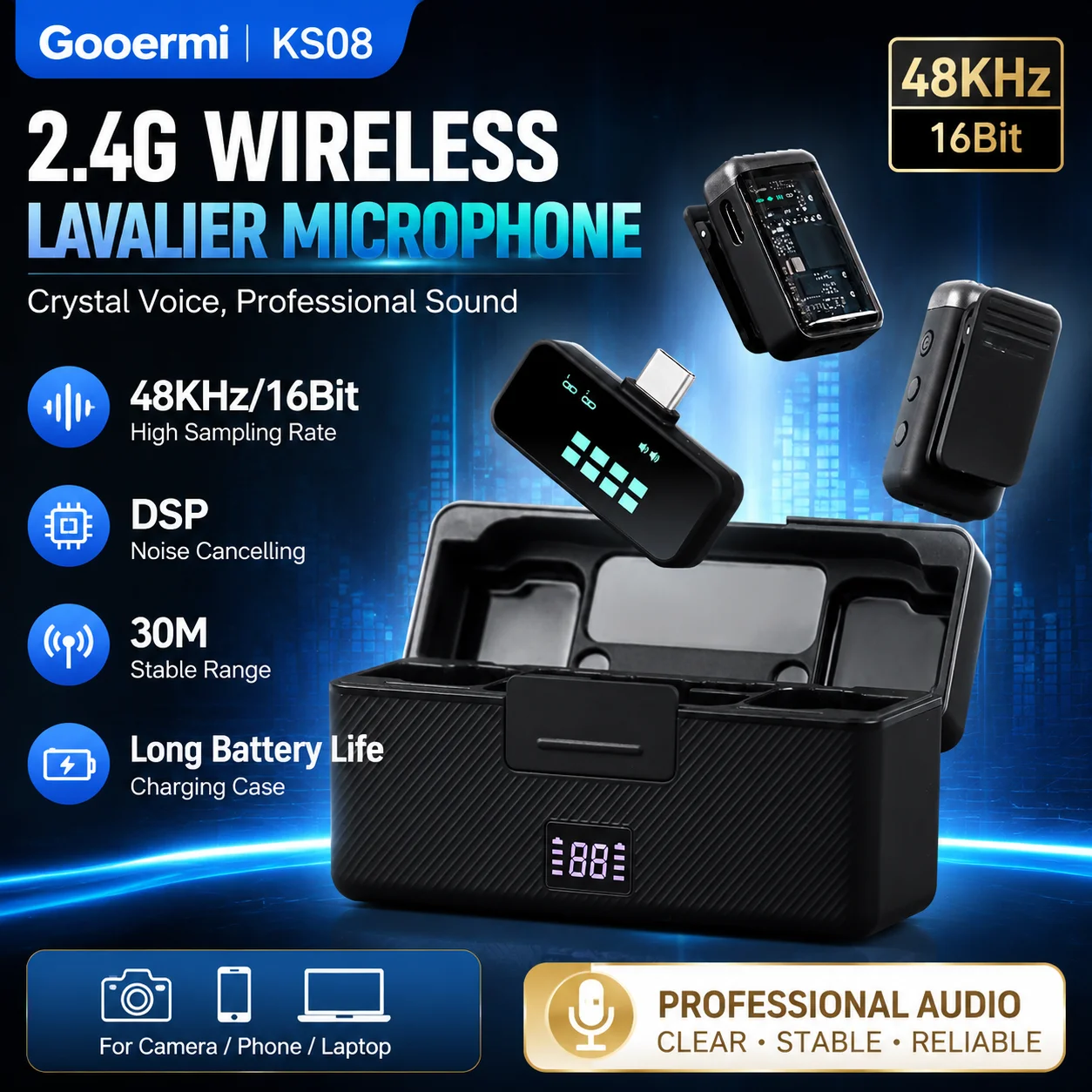 Gooermi KS08 2.4G Wireless Lavalier Microphone 48KHz/16Bit Crystal Voice DSP Noise Cancelling Mic 30M Range for Camera Phone