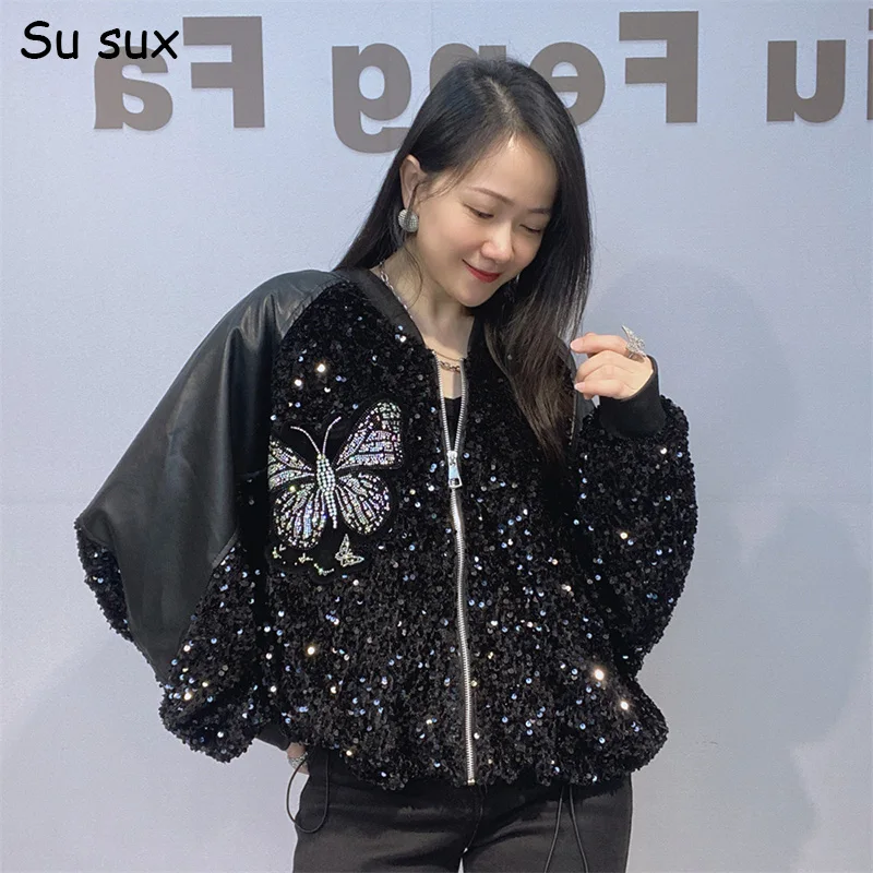PU Patchwork Sequins Bat Sleeve Jacket Coat Woman 2026 Autumn Casual Butterfly Pattern Zipper Oversized Outwears Bust120cm Tops