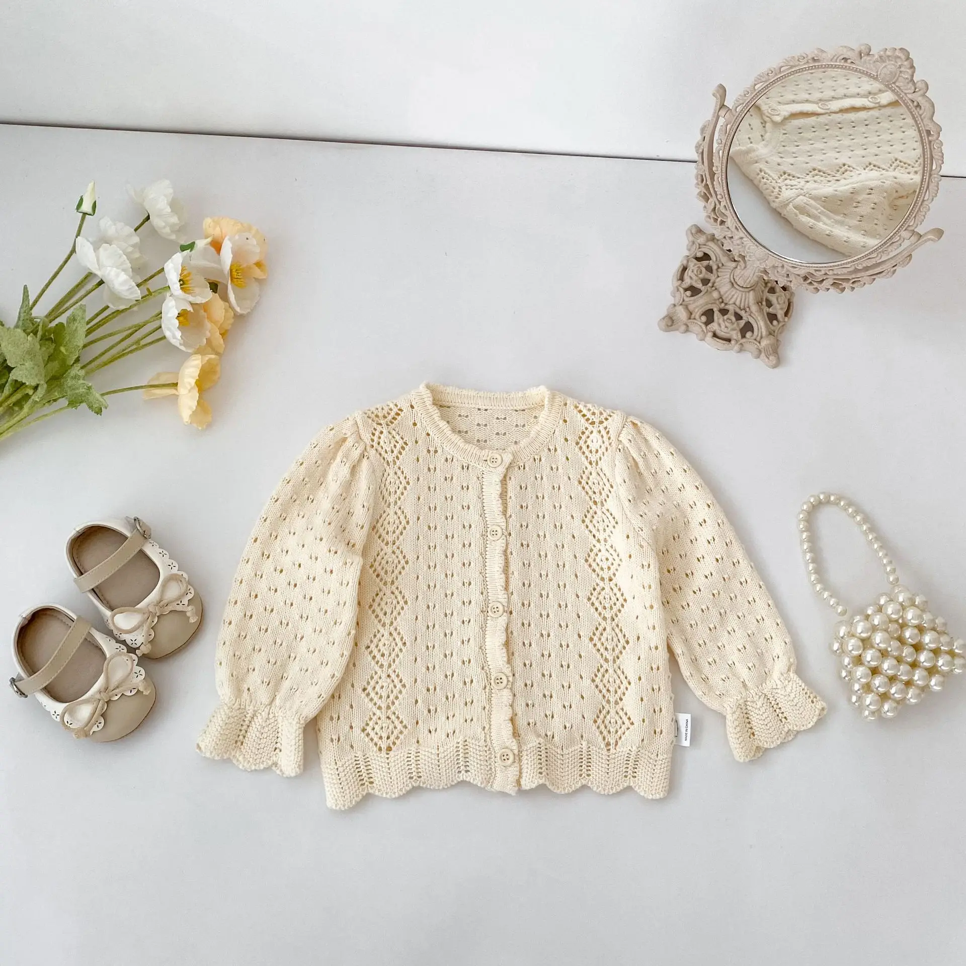 Baby Girls Hollow Knit Sweater Cardigan Autumn Long Sleeve Scalloped Edge Knitwear Infant Toddler Knitted Sweater Outerwear
