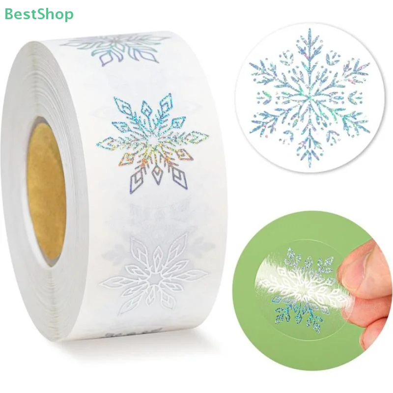 ♥ 500 * рулоны наклеек со снежинками из золотой фольги, прозрачные голографические рождественские этикетки, круглые самоклеящиеся рождественские зимние наклейки на конверты