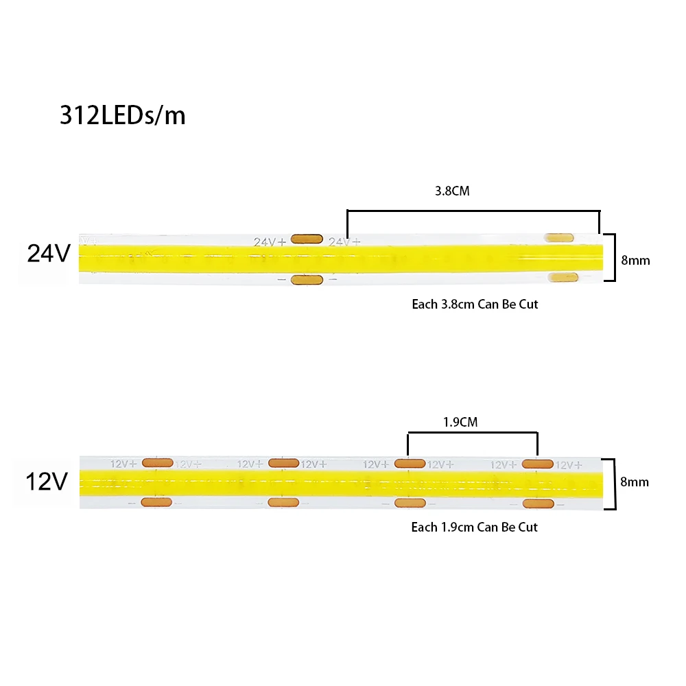 10m COB LED Strip Dimmable Light 8mm 312 leds/m High Density DC 12V 24V Flexible Tape Strip Warm Nature Cool White for Home Desc