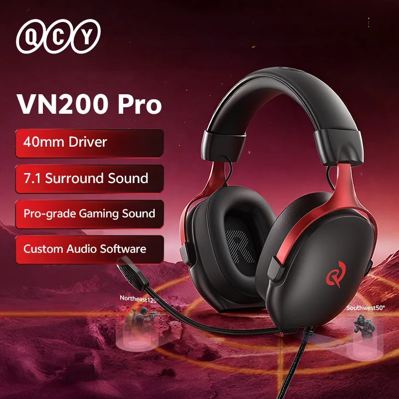 Проводная игровая гарнитура QCY VN200 Pro с микрофоном, 40 мм, драйвер 7,1, наушники с объемным звуком для ПК, PS4, PS5, геймерские наушники