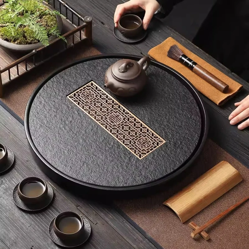 Modern Round Tea Tray Stone Plate Drainage Serving Tea Tray Living Room Home Ceramic bandeija imperial antiga Decorative Tray 5