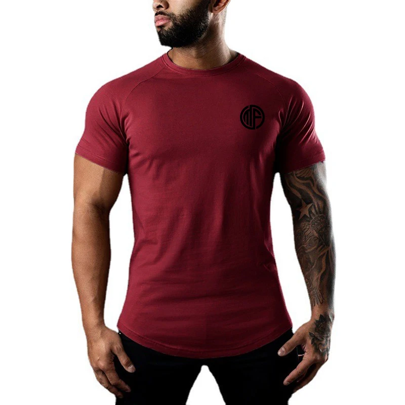 Summer Men Cotton Sport  Breathable Gym Workout Shirt Raglan Sleeve Running Basketball Training  Absorb Sweat Elastic Fitnes Top
