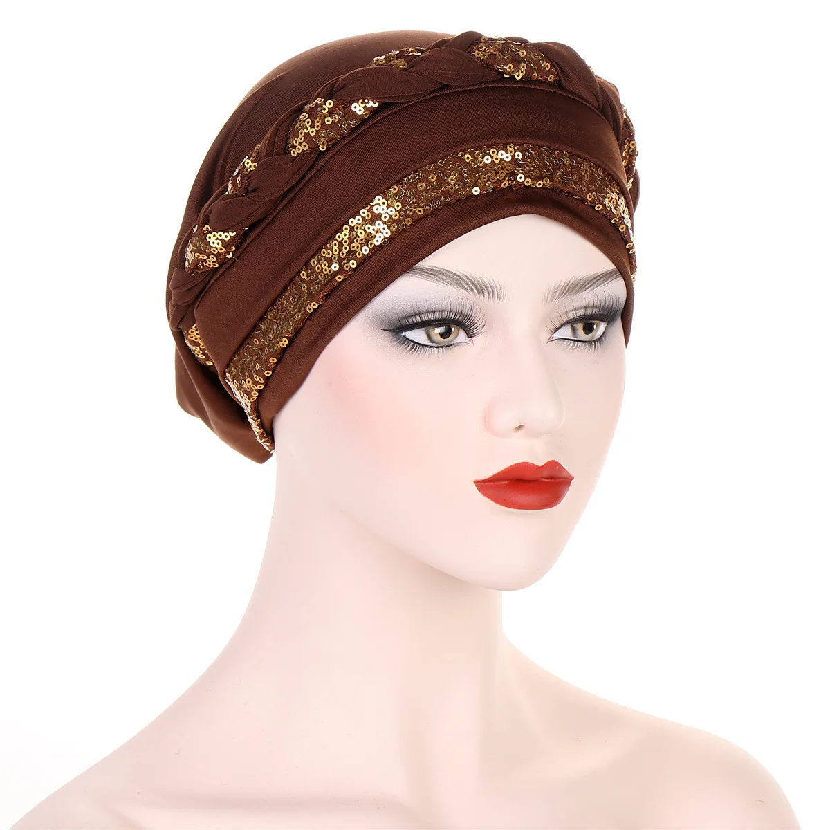 Nuove donne turbante cappelli paillettes Solid Braid Twist Caps cancro chemioterapia berretti berretto copricapo placcato copertura per la perdita