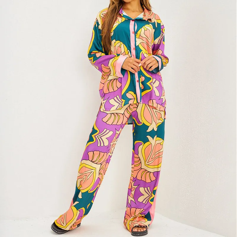 2024 Fashion Print Elegant Sleepwear Women\'s Set Elastic Waist Straight 2 Piece Pajamas Set Casual Chic Youth Vacation Home Suit