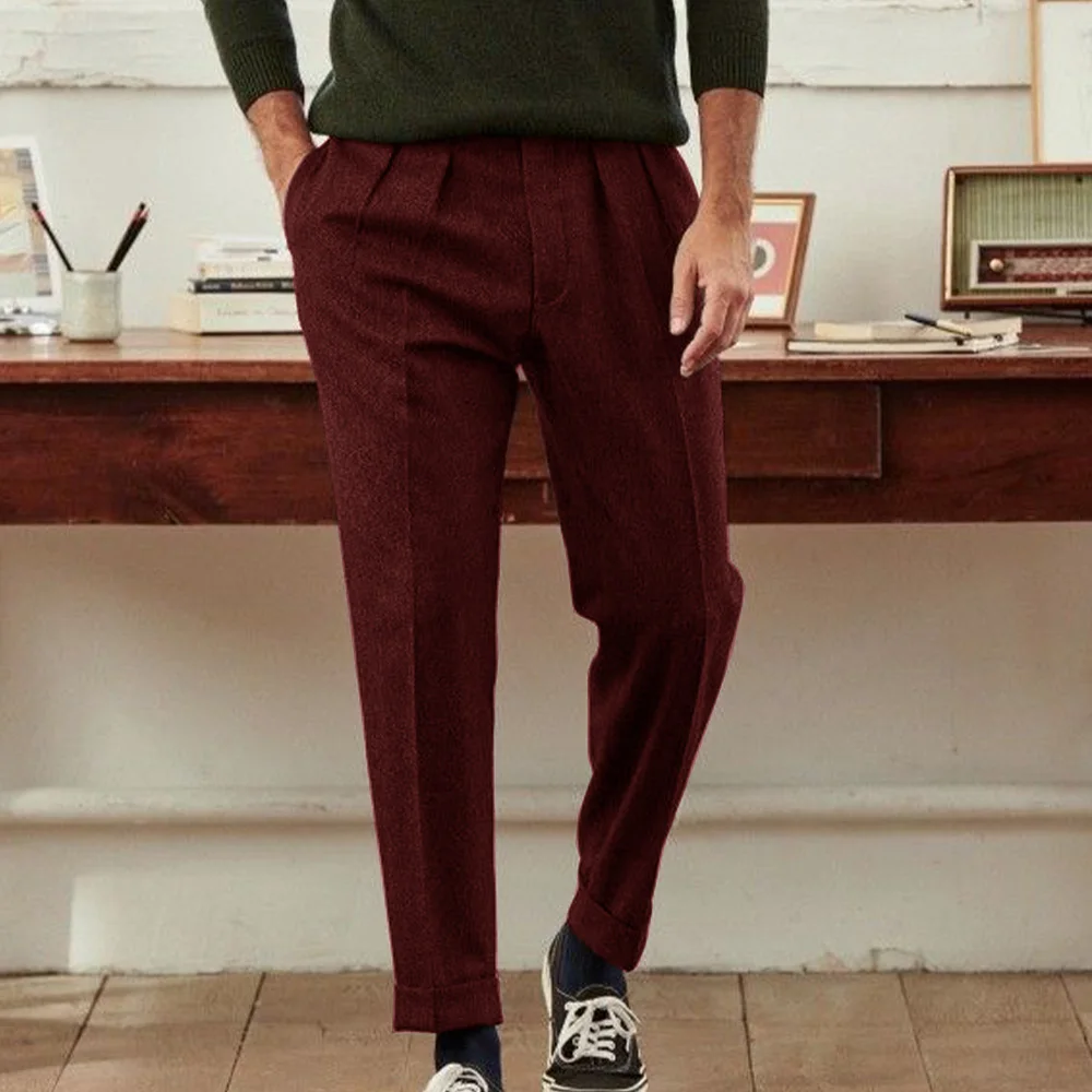 Pantalon en mélange de laine plissé à chevrons pour hommes, effilé, confortable, respirant, décontracté, pour les affaires, tenue de bureau, coupe cintrée