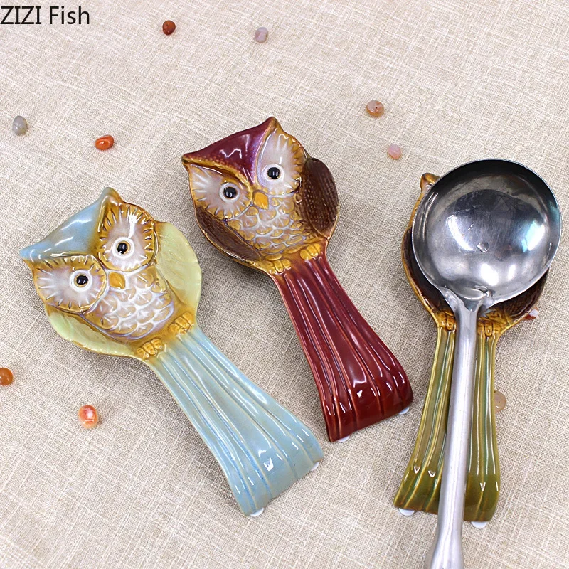 Owl Ceramic Storage Tray Handicraft Spoon Tray Spoon Holder Kitchen Organizer Storage Racks Shovel Shelf Decorative Trays Plate