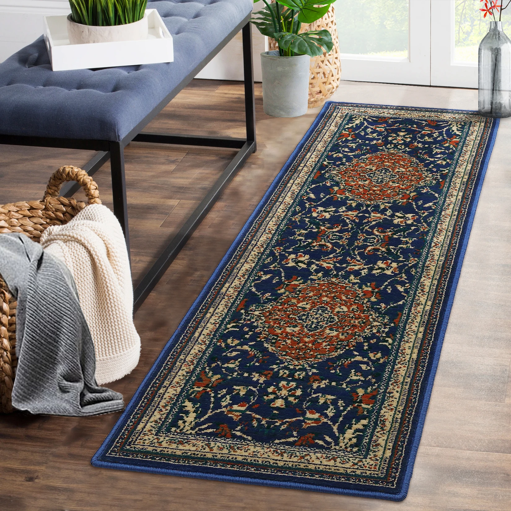 Monaco Collection Runner Rug Carpet Navy Blue Orange, Boho Chic Medallion Distressed Design, Non-Shedding Easy Care