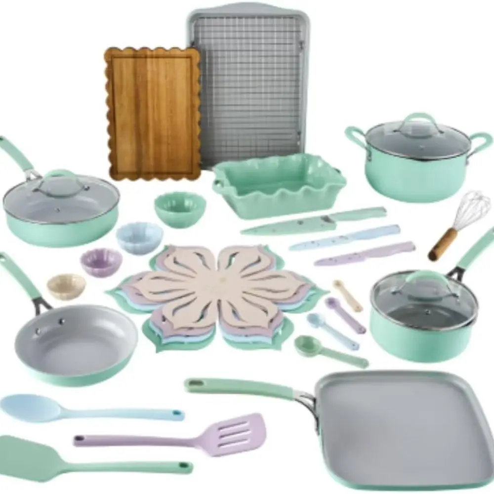 Woman Sutton 34-Piece Ceramic Nonstick Cookware & Bakeware Set, Soft-Grip Handles, Tempered Glass Lids, Oven Safe, Includes Kniv