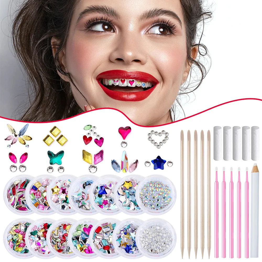 

Teeth Decorative Crystal Teeth DIY Gem Kit 10shapes Crystal Gemstones Mixed Color Dental Jewelry Tool Set White Bling Crystal