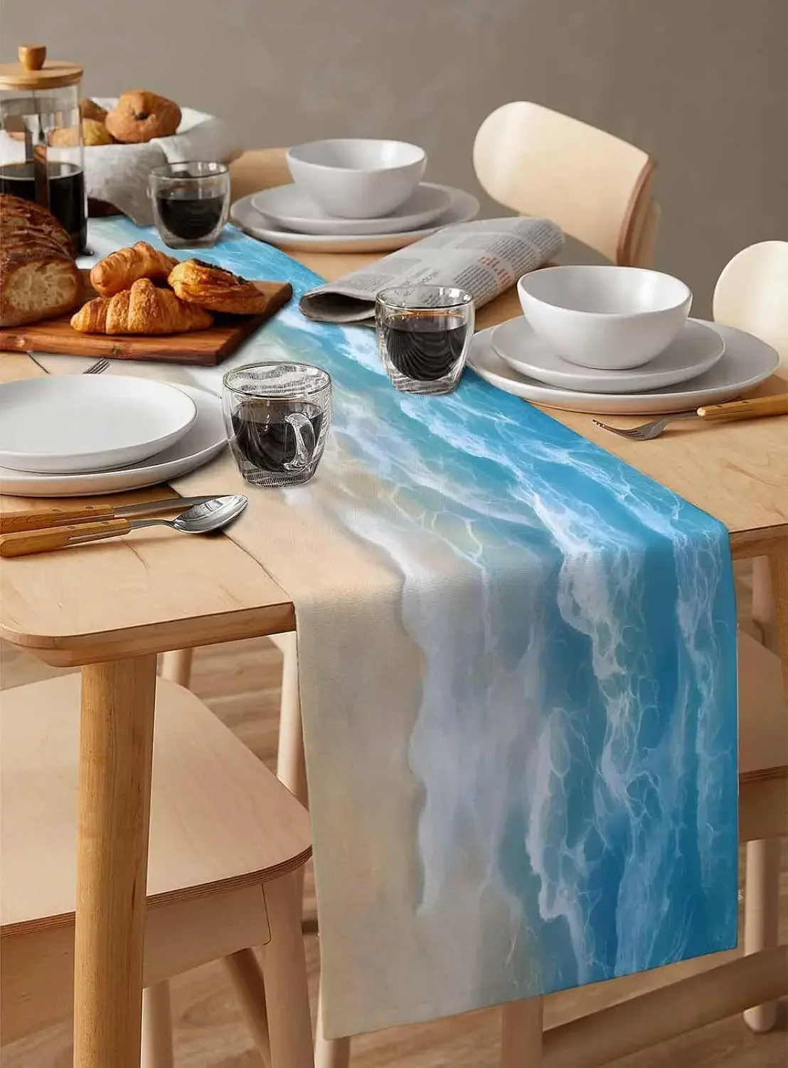 شاطئ المحيط موجة الأزرق تموج الماء الجدول عداء مضمد وشاح ديكور قابلة لإعادة الاستخدام المطبخ طاولة طعام عداء ديكور الحفلات #3