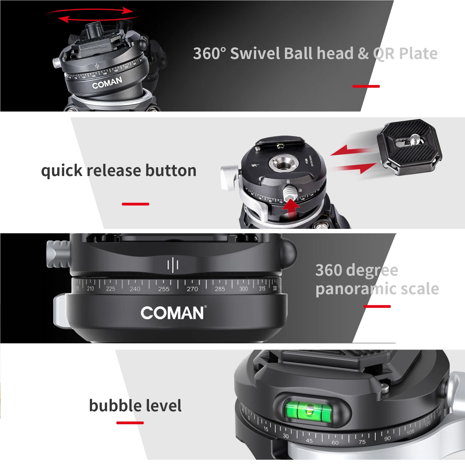 كومان زيرو F38 حامل ثلاثي من ألياف الكربون خفيف الوزن لكاميرا DSLR مع رأس كروي سريع الإصدار 1/4 بوصة عمود مركزي لولبي