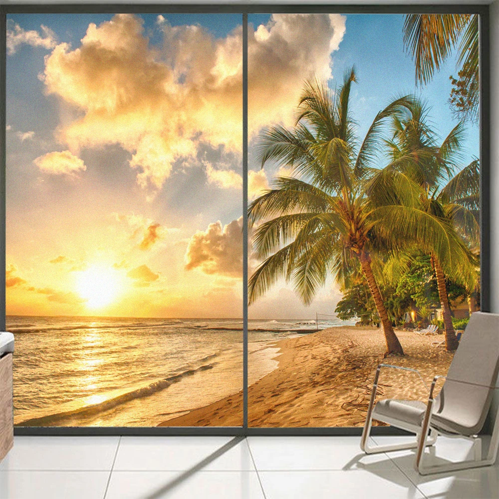 

Privacy Windows Decorative Film Sunset Seascape Pattern Frosted Glass Window Stickers Non-glue Static Cling Door Film for Home