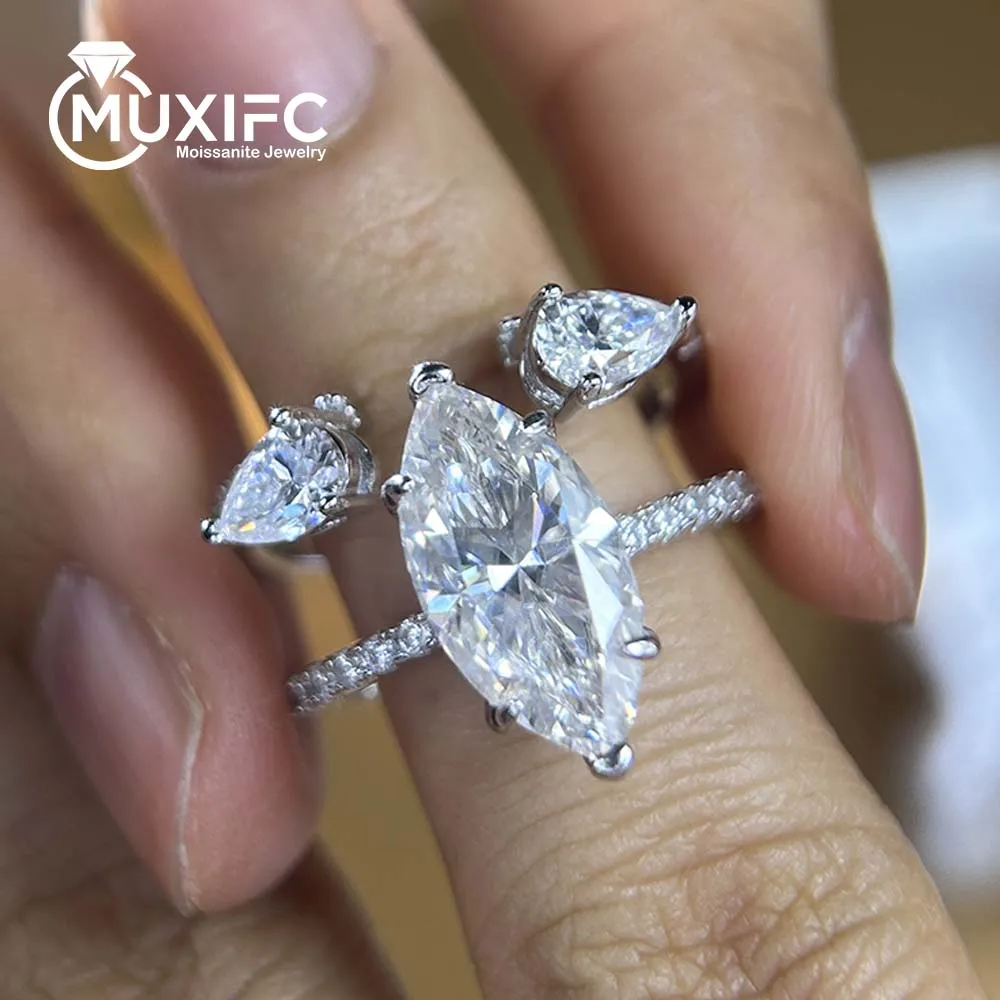 MUXIFC 5 CTTW Full Marquise Cut Moissanite Stacked Rings for Women Sparkling Lab Diamond Wedding Band 925 Silver Fine Jewelry