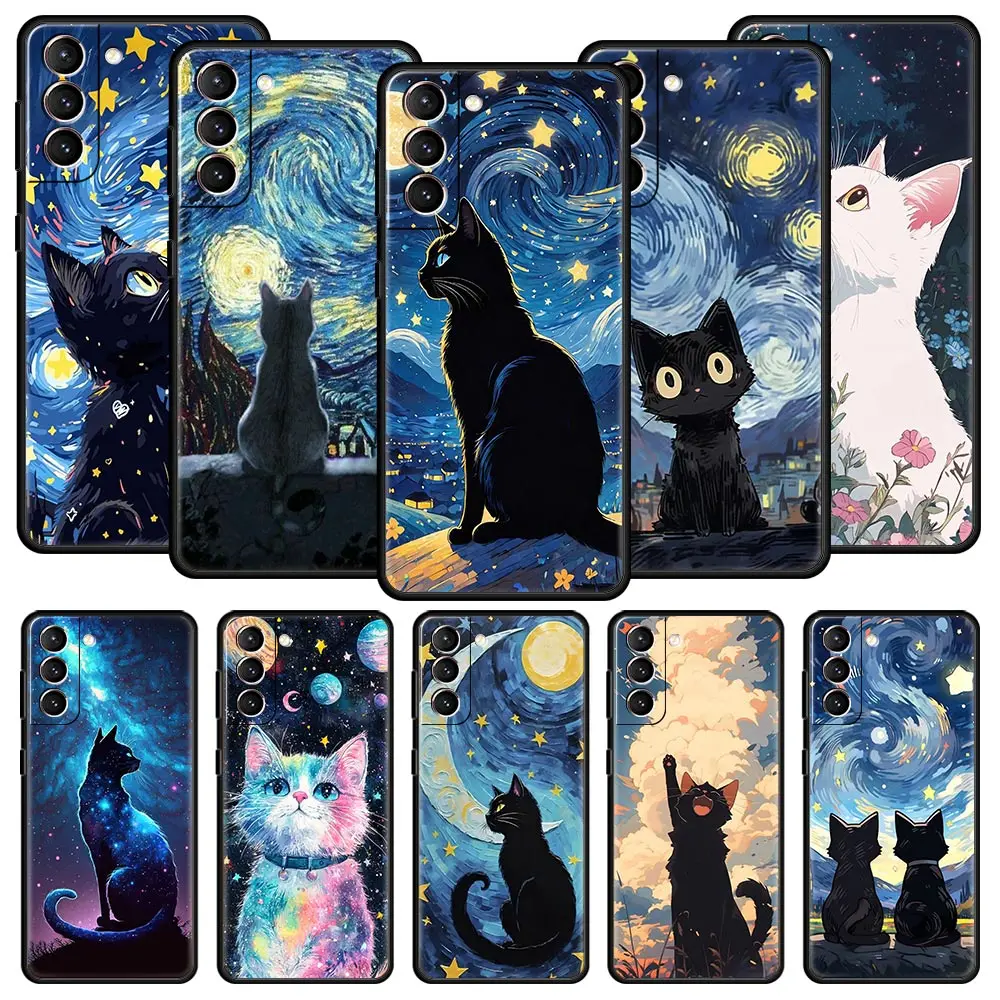 Cat Van Gogh Starry Sky Phone Case For Samsung Galaxy S26 Ultra S25 Plus S24 FE S23 S22 5G S21 S20 Cover Black Soft