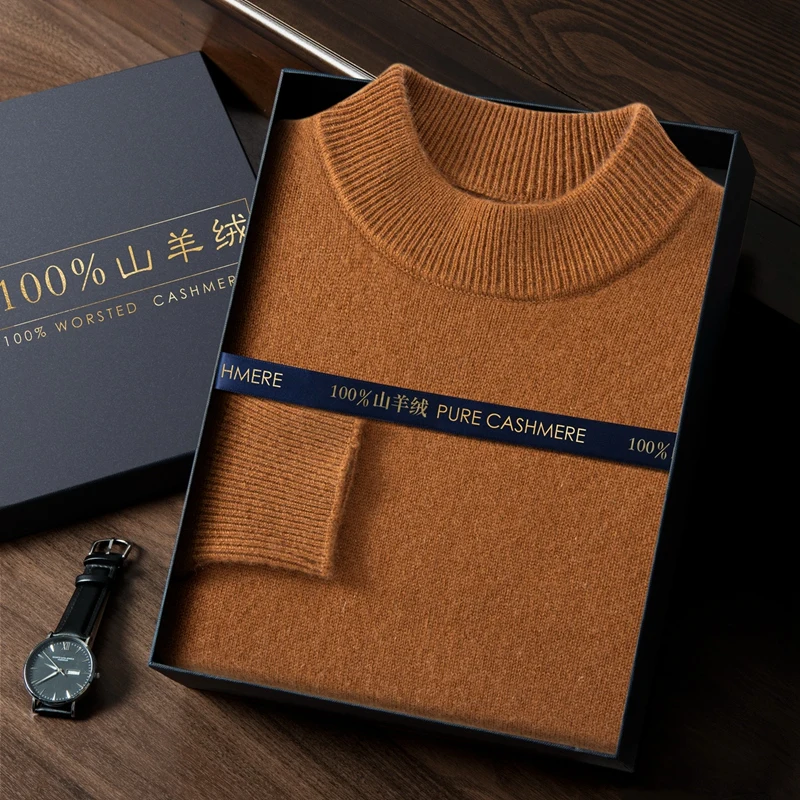 

Men's Thick 100% Cashmere Sweater Mock Neck Basic Pullover Autumn Winter Smart Casual Cashmere Knitwear Soft Warm Clothing Tops