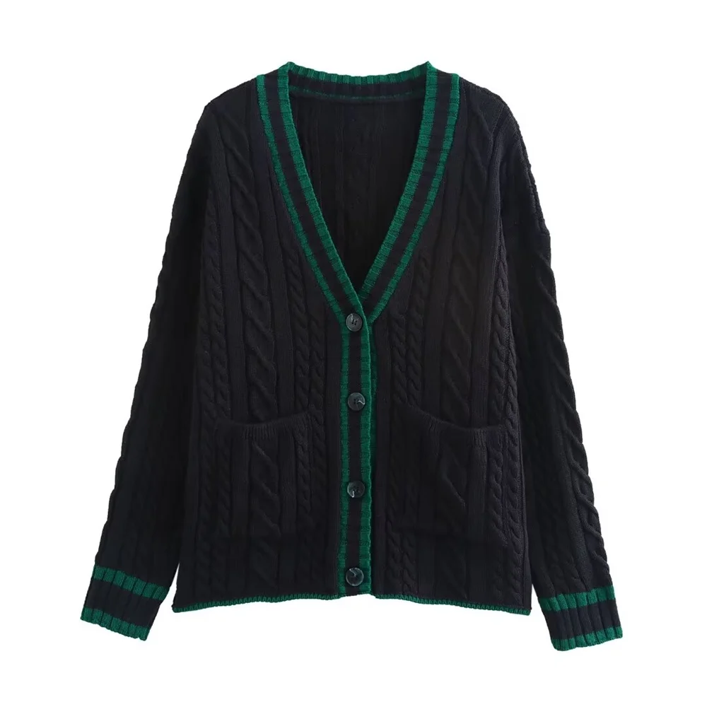 Taop&Za Autumn New Women\'s Fashion Casual Versatile V-neck Long Sleeve Color Contrast Fried Dough Twists Cardigan Sweater