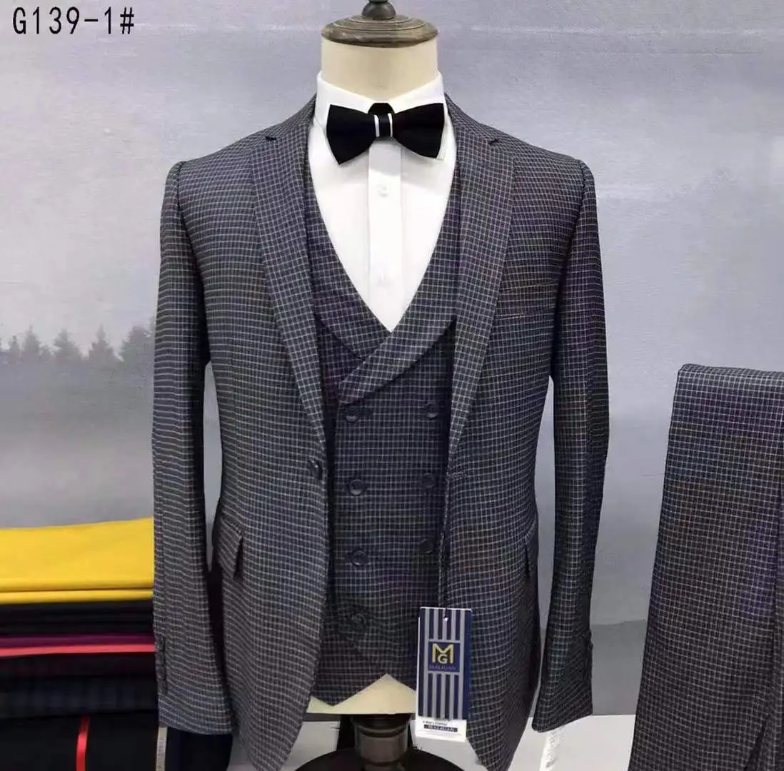 Men's Suit Sets Business Slim Plaid 3 Pieces Wedding Notch Lapel(Blazer+Vest+Pants)