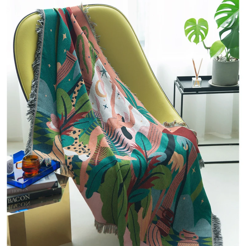 Têxtil City Tropical Jungle Dancer Throw Blanket Two Side Sofa Covers Trend Tassel Dust Cover Ins Home Decorative Leaves Tapestry