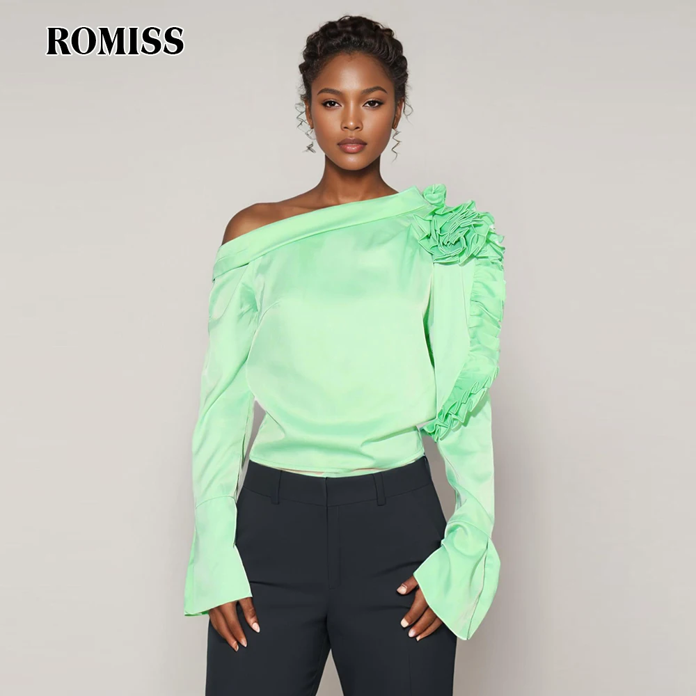 

ROMISS Casual Spliced Ruffles Solid Shirts For Women Diagonal Collar Long Sleeve Backless Minimalist Slimming Blouses Female New