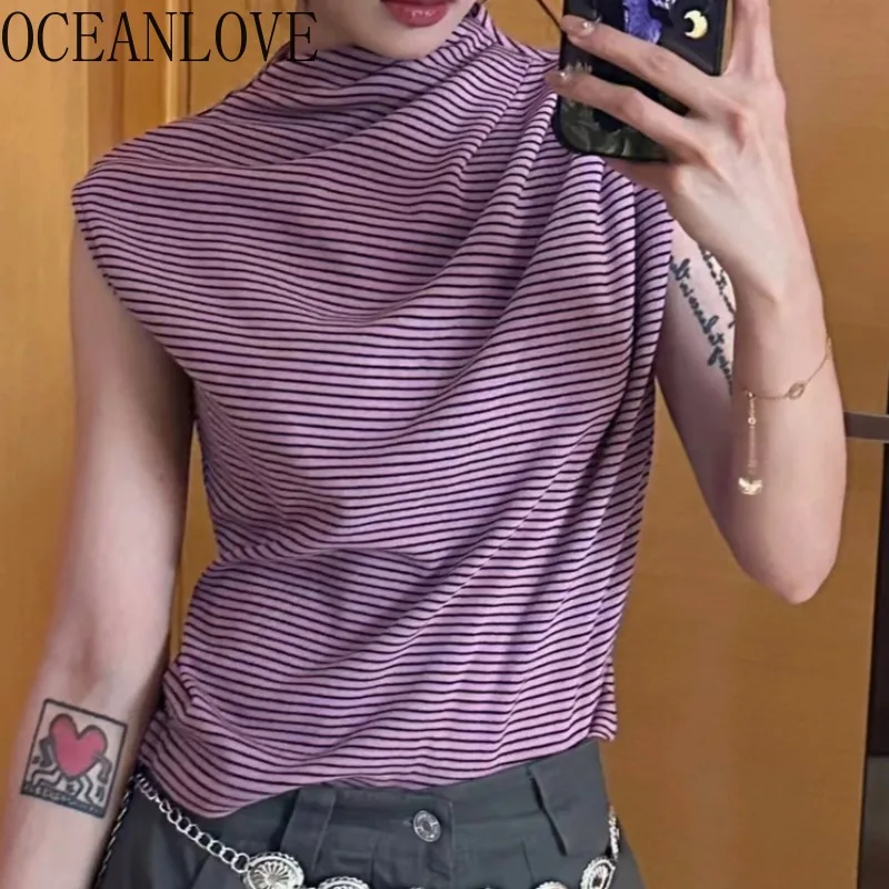 

OCEANLOVE Y2k Clothes T Shirt for Women Stripes Spring Summer Half High Collar Short Tees Streetwear Vintage Ropa De Mujer