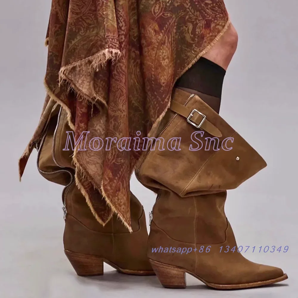 2026 جديد أشار تو حزام مشبك حذاء برقبة للركبة عمود كبير سحاب معدني ديكور كتلة صندل بكعب مكتنز موضة المدرج المرأة التمهيد الطويل #2