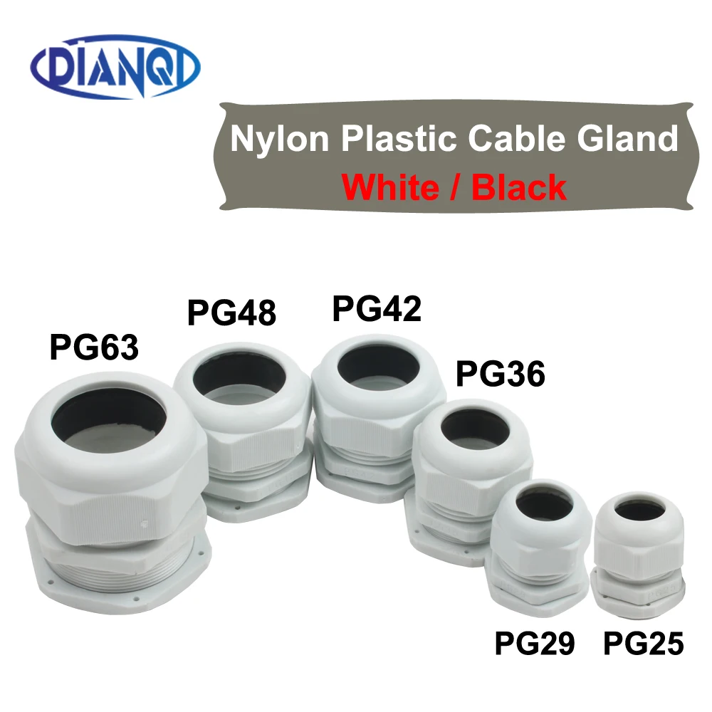 Cable de plástico impermeable IP68 PG25 para 16-21mm PG29 PG36 PG42 PG48 PG63 M25 conector de plástico de nailon blanco y negro