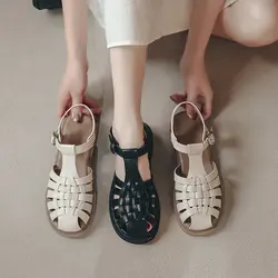 Low Heel Shoe Bare Feet Woman Navy Blue Pumps Sweet Sandals Ladies 2024 Low-Heeled Summer Orange Espadrille Closed Retro Brief C