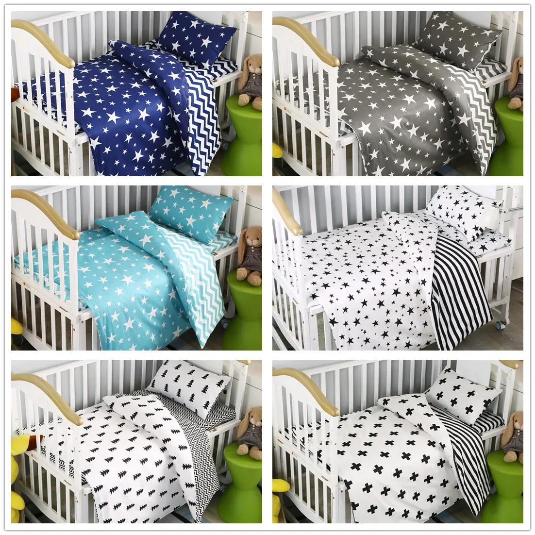 3Pcs Toddler Bedding Set Cotton Crib Sets Black White Stripe Cross Pattern Baby Cot Set Cheap Star Bedding Set for Toddler