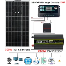 12V to 110V Solar Power System 300W 18V Solar Panel 150A Controller 4000W 6000W 8000W Car Inverter Power Generation Kit 12V/220