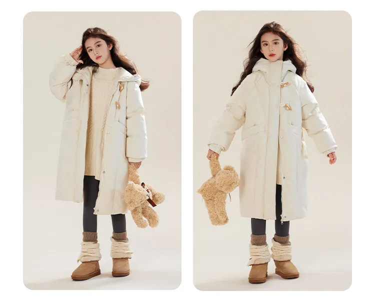 90% weiße Entendaunen, Kinder-Langparka mit Kapuze und Hornschnalle, warmer Winter-Daunenmantel für Mädchen und Jungen A5122 – Detail 7