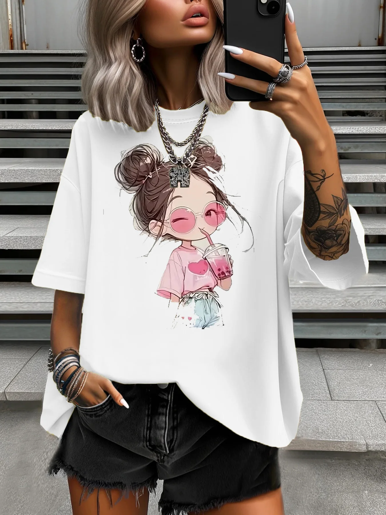 

Summer Women's Plus Size T-Shirt Original Design Fashion Girl Cartoon Pattern Print Women's Casual Round Neck Short Sleeved Tops