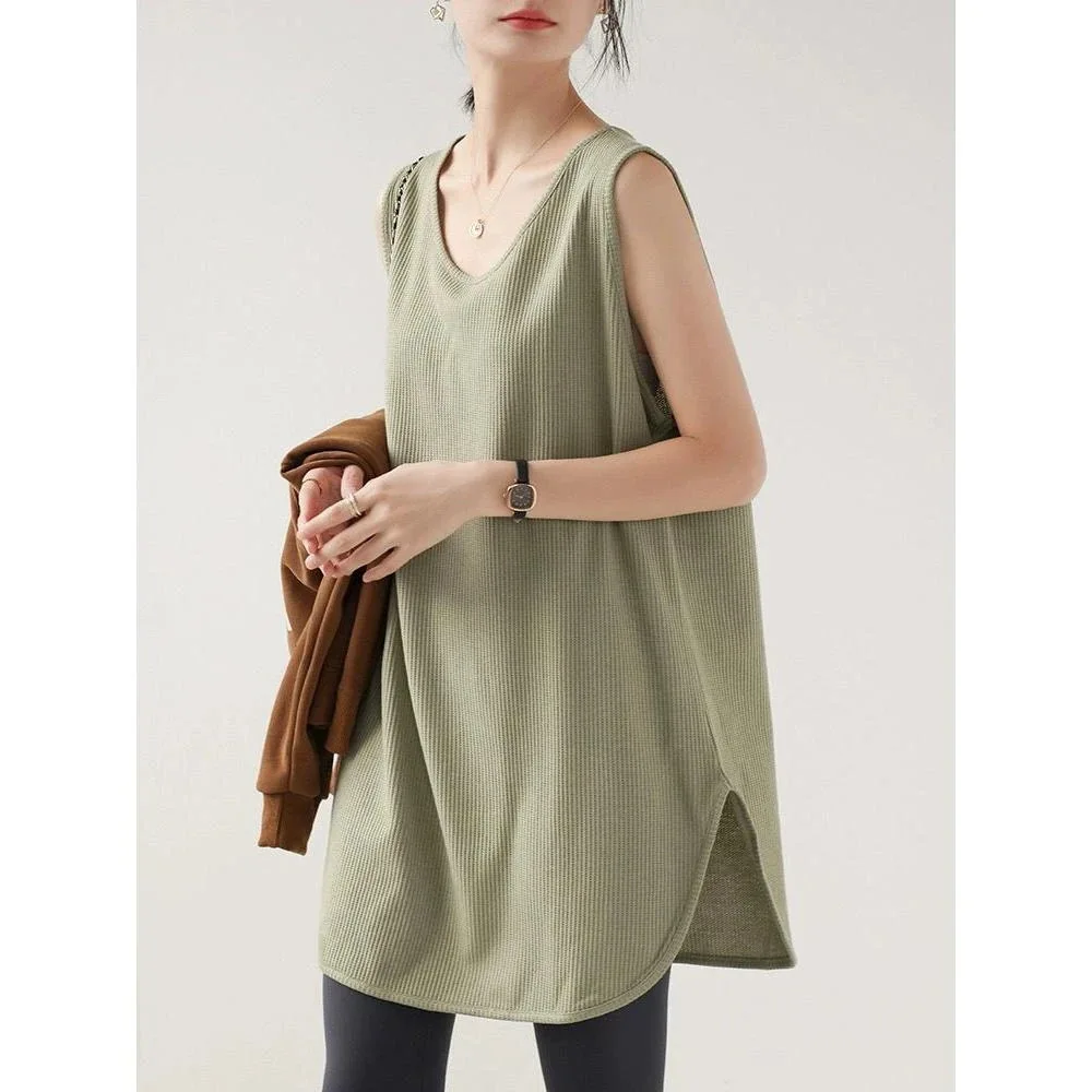 

Summer New Arrival Casual Versatile Fashion Sporty Style Classic Texture Solid Color Women's Plus Size Mid-Length Tank Top