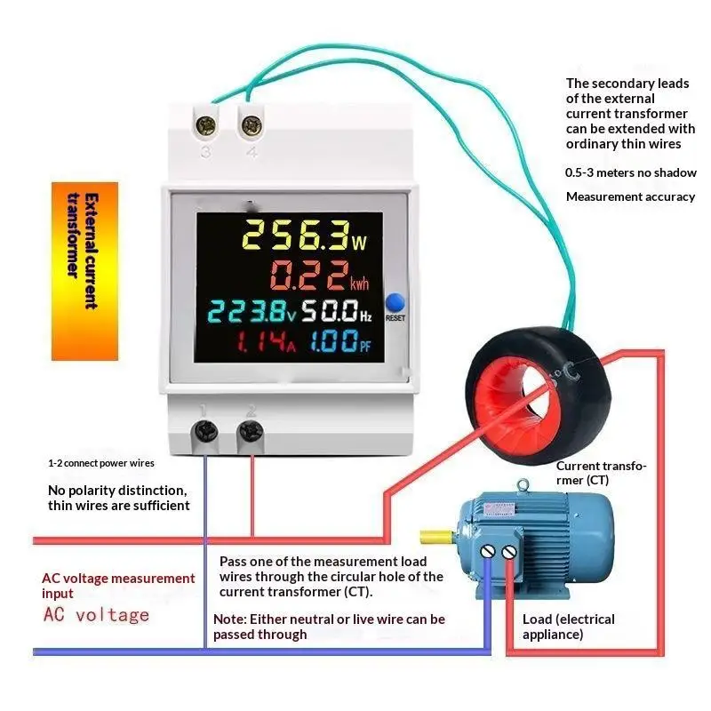 1Pcs AC250-450V AC40-300V 100A Electricity Usage Monitor Voltmeter Ammeter Watt Kwh Power Meter D52-2066 Din Rail Energy Meter