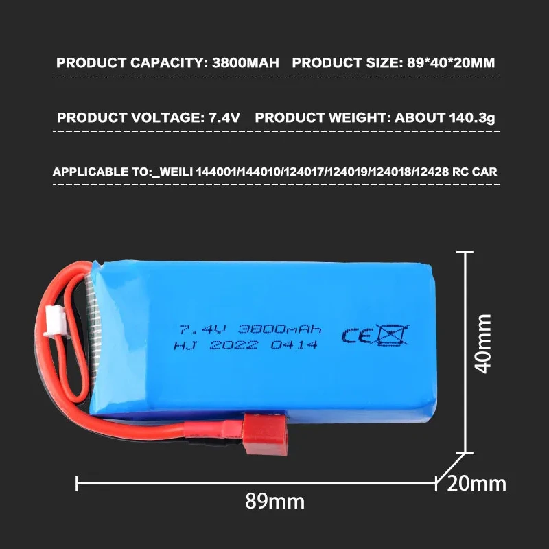 2S 7.4V 3800mAh LiPo Battery For Wltoys 144010/12428/124019/124018 1/14 1/10 RC Car Battery Wltoys 7.4V Battery