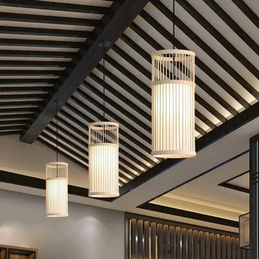 Rustic Bamboo Pendant Light Japanese Wabi Sabi Natural Bamboo Woven Chandelier 18x42CM Rattan Lamp for Home Decorative E27 Lamp