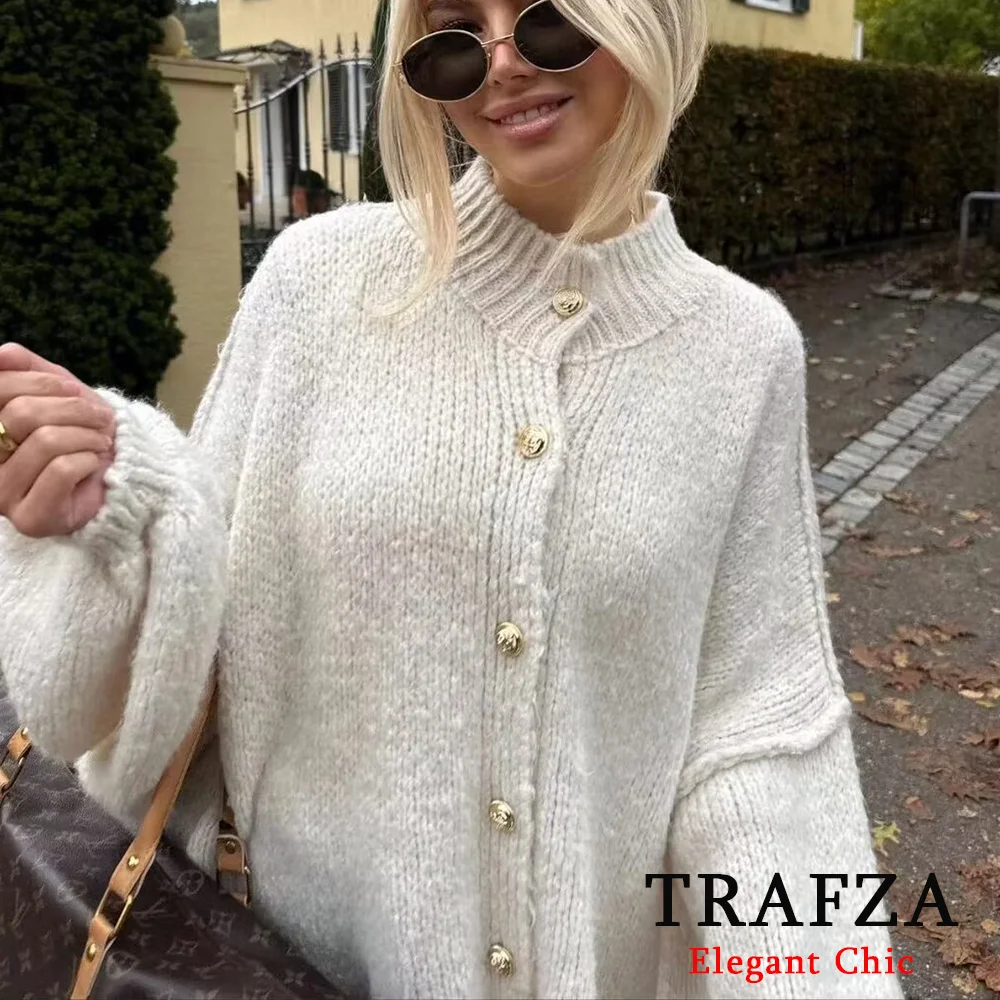 TRAFZA Basic Casual Loose Button Plain Knit Sweater Women\'s Solid Coat New 2024 Autumn Winter Fasion Lazy Cozy Basic Sweater