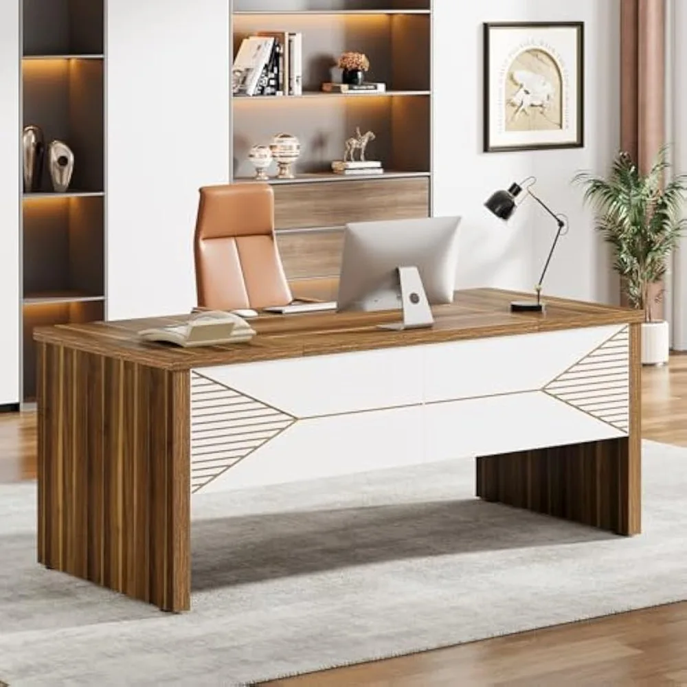 

63" Executive Desk, Large Computer Office Desk Workstation, Laptop Desk Study Writing Table with Carved Pattern