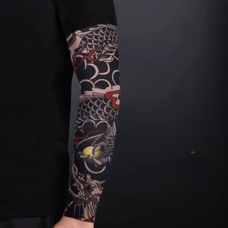 タトゥースリーブカバー-メンズ-フラワーアーム-アイスシルク-薄手-アウトドアライディング-日焼け防止-クールスリーブカバー-アームプロテクター