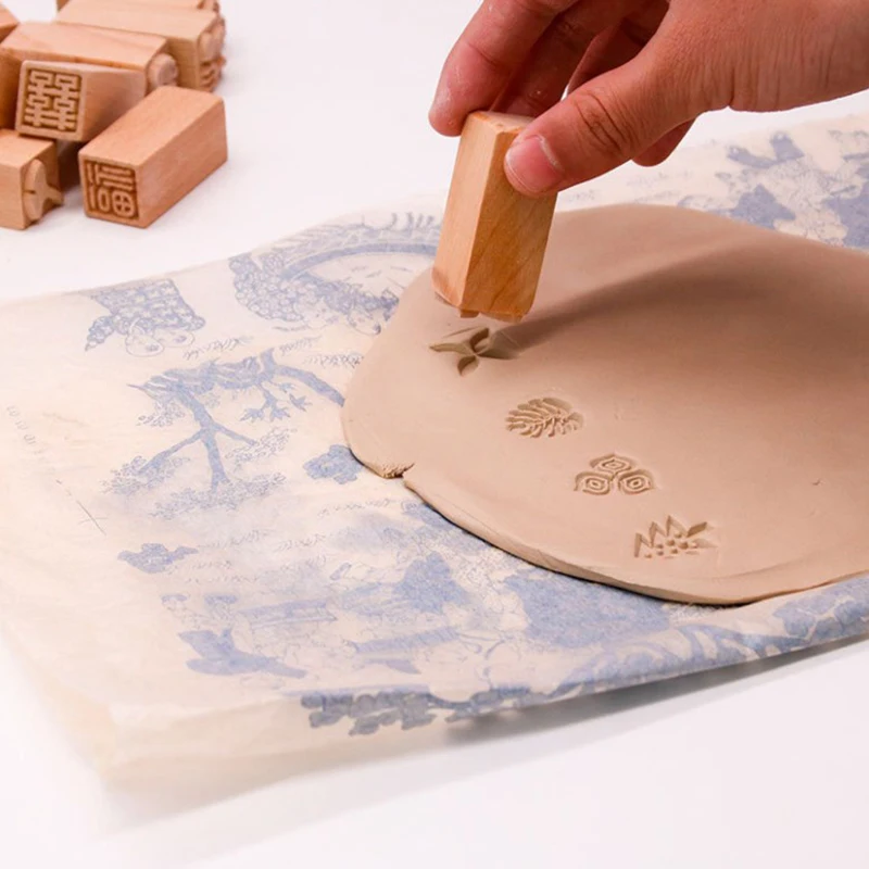 DIY Clay Pottery Printing Blocks Clay Tool Fish Bone / Squirrel / Flower / Deer Hand Carved Wooden Stamps Wood Seal for Printing